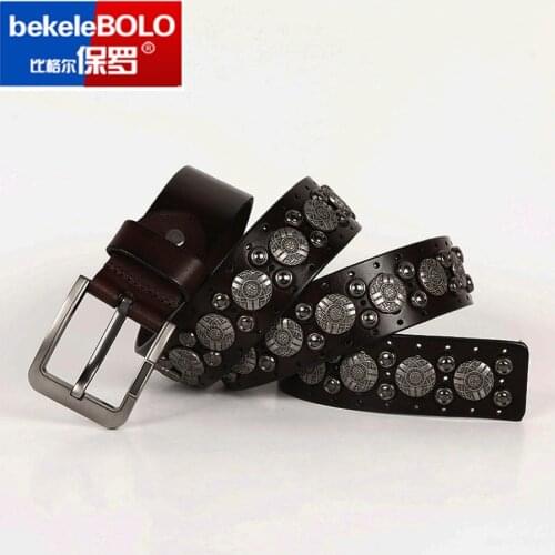 Hip hop personality metal big copper rivet belt Punk high quality pin buckle belt Men and Woman leather waist seal jeans