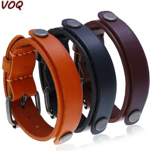 VOQ Double Layer Genuine Leather Wrap Wristband Adjustable Bracelets Cuff Bangles Men Fashion Punk Vintage Jewelry