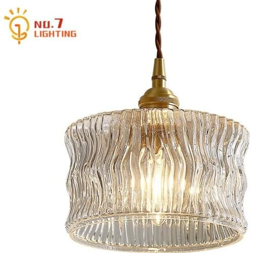 Japanese Retro Brass Carving Glass Pendant Lights Gold Lustre Minimalist Hanging Lamp Home Decor Bedroom Bedside Aisle Balcony
