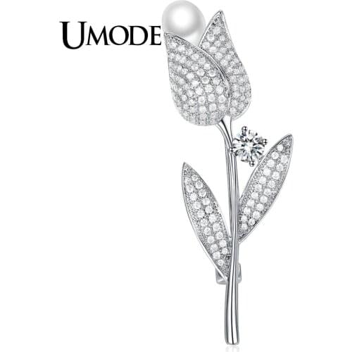 UMODE New Fashion Jewelry Large CZ Crystal Tulip Flower Brooches for Women White Gold Color Charm Pearl Brooch Bouquet AUX0037