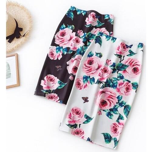 2021 Casual Korean High Waist Vintage Elegant Bodycon Floral Print Midi white Skirt elastic black pencil office skirts womens
