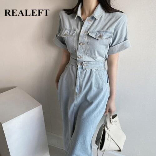 REALEFT Summer 2021 New Vintage Womens Long Denim Dresses Single Breasted Cargo Jeans Female Korean Straight Cowboy Dresses