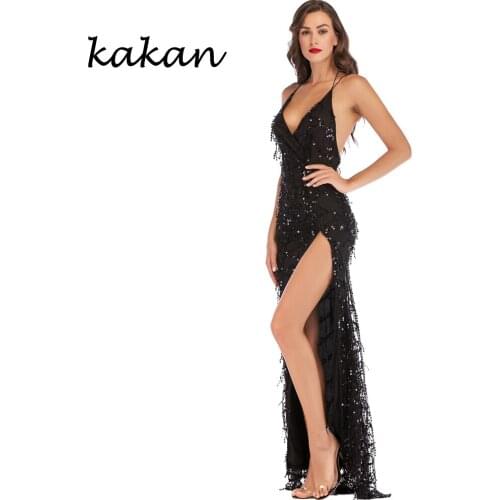 Kakan 2019 new womens tassel sequin dress sexy club party dress tassels perspective back high slit dress