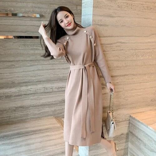Casual Slim Midi Knitted Women Winter 2021 New Warm Elasticity Elegant Pullover Turtleneck Long Sleeves Sweater Dress