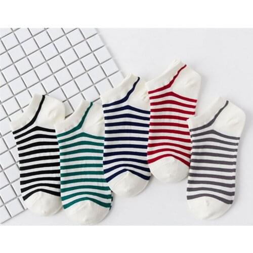 5 Pairs/Lot Women Cotton Crew Socks Spring Navy Striped Boat Socks for Girls Lady Red Female Harajuku Summer Simple Short Socks