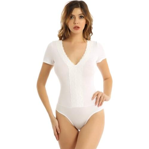 Bodysuit Short Sleeve Women Body Sexy Bodycon V Neck Basic Black Overalls Top Casual Solid Jumpsuits T-shirts Leotard Sleepwer