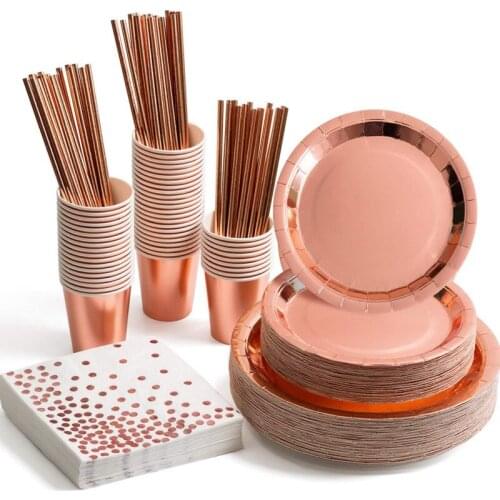 250 Pieces Rose Gold Party Supplies Rose Gold Foil Paper plates and Napkins Cups Straws Sets Serves 50 for Bridal Shower