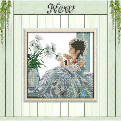 The girl with flowers vase painting counted printed on canvas DMC 14CT 11CT chinese Cross Stitch Needlework Sets Embroidery kits