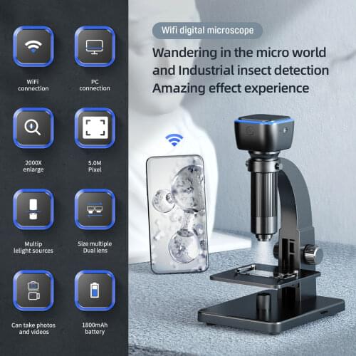 Inskam315w WiFi/PC Connection 0~2000X Magnification 5.0M Pixel Digital Microscope Dual LED Lights Sources Dual Lens Connect
