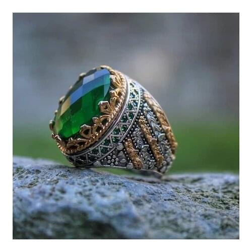 925 set-Male Ring-Silver-Oval Emerald Gemstone-High Quality
