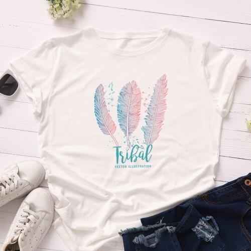 Summer Plus Size Women Clothing S-5XL Oversized t-shirt Feather 100% Cotton Women Shirts O Neck Short Sleeve Tees Loose Tops