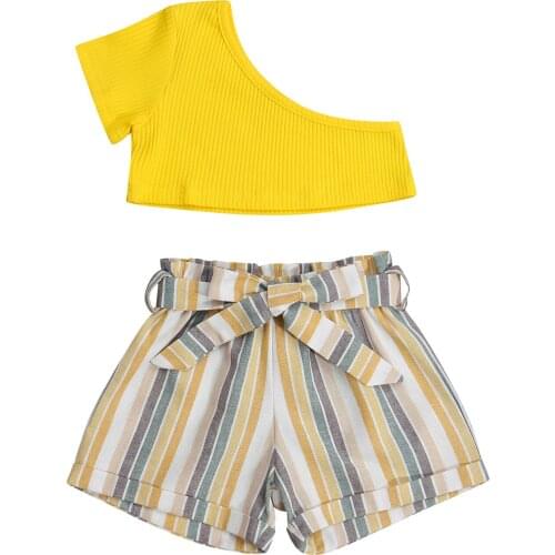 Summer Kids Girl Casual Outfits Summer One Shoudler T-shirt Ribbed Crop Tops and Bow Knot Striped Shorts Fashion Girl Sets 1-6Y