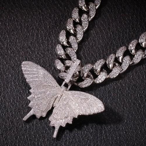 Hip Hop Men Gold Sliver Color Necklace Ice Out Cuban Chain Copper Zircon Butterfly Pendant Micro-inlaid Zircon High Quality