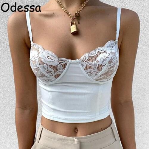 Odessa White Lace Sexy Sleeveless Corset Crop Top Women Backless Spaghetti Strap Patchwork Black Summer 2021 Casual Camis Femme