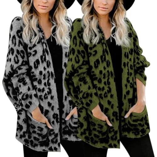 Autumn Winter Jacket Women Outwear Tops Cardigan Stylish Women Long Sleeve Open Front Cardigan Leopard Pockets Knit Sweater Coat