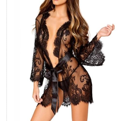 Sexy Nightdress For Women Sleep Tops Transparent Lace Hollow Sexy Nightgown Adult Erotic Lingerie Pajamas Set Underwear Female