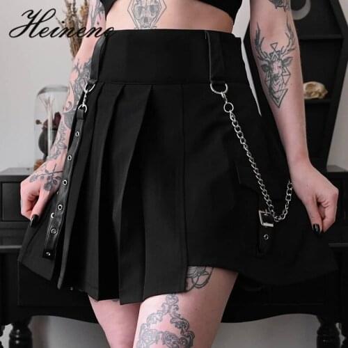 Heinene Goth Punk Black Pleated Skirt Harajuku Patchwork Bandage Big Pocket Mini Skirt 2000s Streetwear Gothic Hight Waist Skits