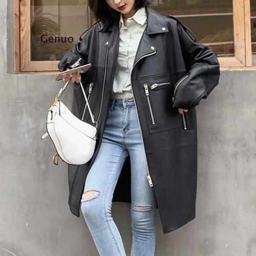 Oversized Black Long Spring Womens Leather Jacket Long Sleeve Drop Shoulder Zipper Plus Size Loose Faux Leather Coat
