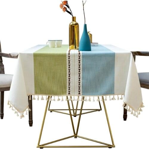 Stitching Tassel Tablecloth Simple Embroidery Cotton Linen Fabric Dust-Proof Table Cover for Kitchen Dinning Tabletop Decoration