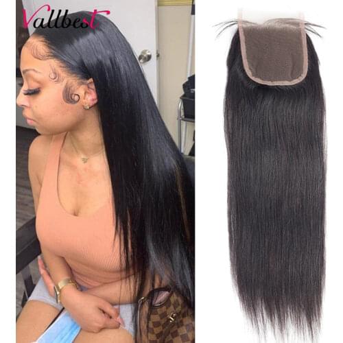 Vallbest Straight Lace Closure 4X4 Human Hair Closure 130% Density Natural Black Middle Brown Lace Free Part Closure Remy Hair