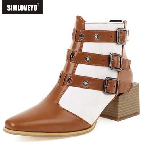 SIMLOVEYO 2021 Designer Brand Ankle Boots for Women Mixed Color Pointed Toe Square Mid Heel Buckles Zipper Buckles 48 S2448