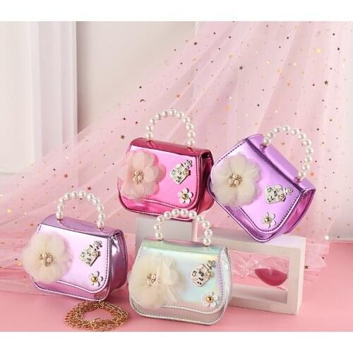 Lovely Toddlers Sweet Style Chain Handbag Little Girls Faux Pearl Hand Grip Flower Decoration Dual-use Messenger Bag Purse 2021