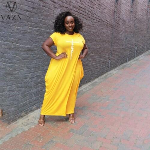 VAZN 2021 Top Quality Plus Size Long Dress Young Solid Free Energy O-Neck Short Sleeve Fashion Women Loose Maxi Dress