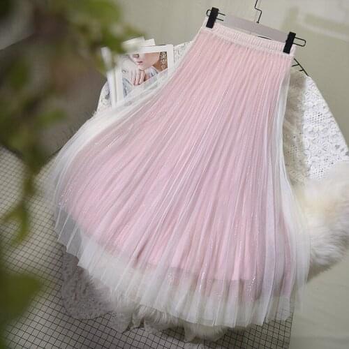 2020 Streaming Bright Silk Gauze Skirt Autumn Winter Looks Thin Mid-length Pleated Fairy Drape A-line Skirts With Sweater M882