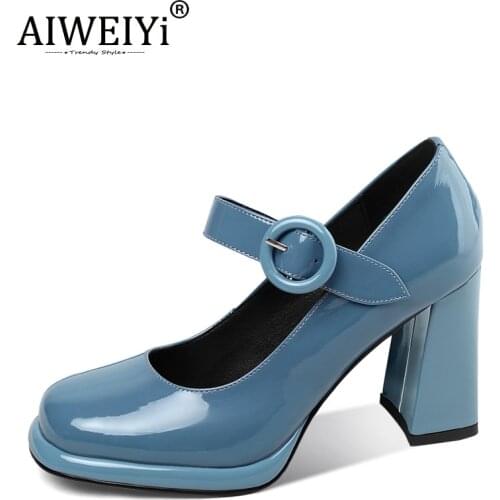 AIWEIYi High-Heeled Shoes Women Thick Heels Platform Pumps Buckle Strap Leather Shoes Patent Leather Shoes
