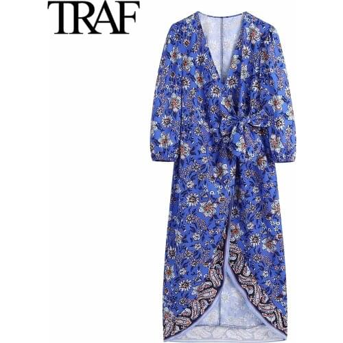 Traf Za Women Clothes Summer 2021 Robe Gothic Vintage Floral Print Short Sleeve Dresses Medium Length Chic Loose Midi Dress