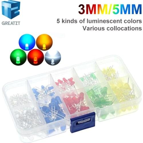 200PC/Lot 3MM 5MM Led Kit With Box Mixed Color Red Green Yellow Blue White Light Emitting Diode Assortment 20PCS Each New