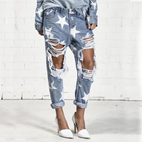 2021 Summer BF Loose Jeans Woman Big Hole Jean for Women With Five-pointed Star Ripped Jeans Light Blue Denim Pants