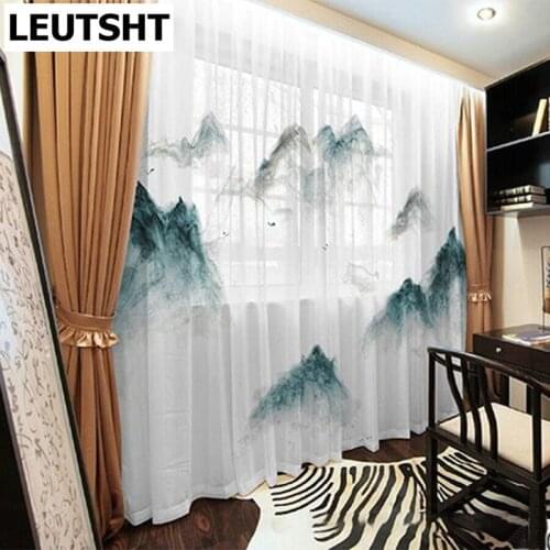 2021 Modern New Chinese Ink Painting Screen 3D Digital Printing Chiffon Tulle for Living Room Bedroom Study Tulle Customization