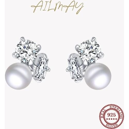 Ailmay Top Quality 925 Sterling Silver Simple Cubic Zirconia Round Pearl Stud Earrings For Women Girls Anti-allergy Fine Jewelry