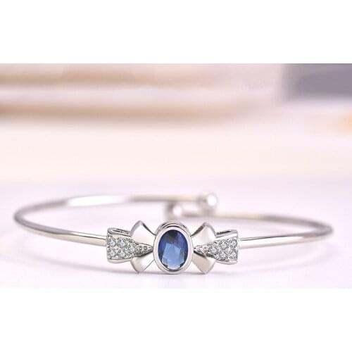 925 Silver Fashion Bow Blue Zircon Bangle for Women Engagement Wedding Gift Jewelry Wholesale
