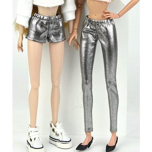 2 pairs/lot Silver Grey Elastic PU Leather Trousers for Barbie Doll Clothes Bottoms Pants Shorts 1/6 BJD Doll Accessory Kids Toy