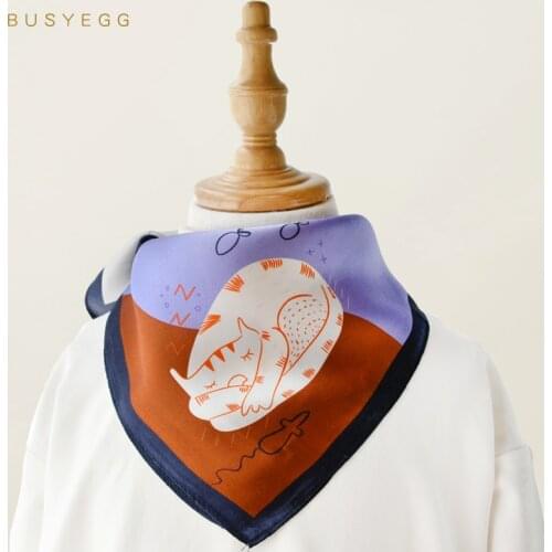 Cartoon red cat natural silk children scarves fashion pure silk hair scarfs for girls headscarf foulard hijab baby ladies warp