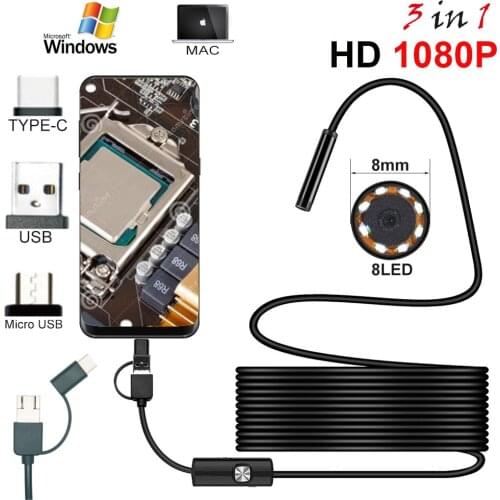 Endoscope HD 1080P Type-C/USB Borescope Tube Waterproof Inspection Endoscope Camera with Led Light for Android Phone PC Tablet