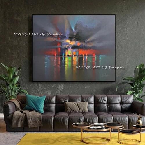 Hot Sale Art Large City Hand Painted Abstract Oil Painting Sea Light Color Canvas Wall Picture Art Living Room Home Decoration