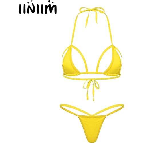 Iiniim Womens Femme Sexy Lingerie Set Micro Apparel Bikini Nipples Hole Cutout Cup Bra Mini T-Back Hot G-String Exotic Sets