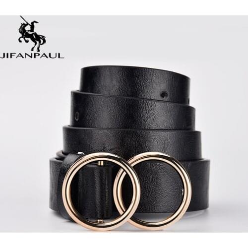 JIFANPAUL Genuine leather Womens alloy double ring buckle fashion adjustable belt retro punk ladies dress jeans student belts