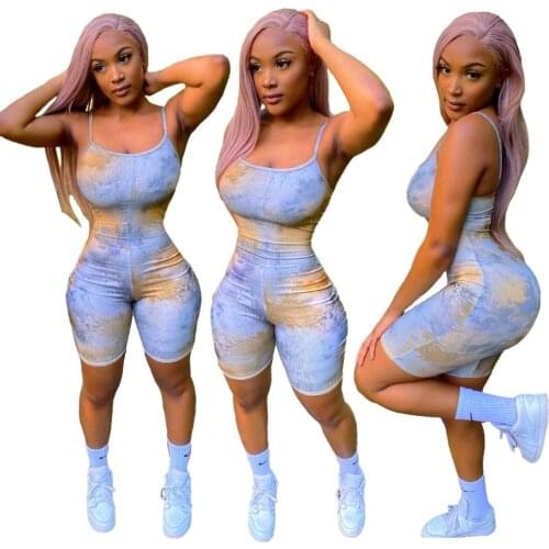 Classic Tie-Dyed Printed Bodysuits Thin Spaghetti Strap Jumpsuits Sleeveless Bodycon Tight Tank Rompers One Piece Short Playsuit