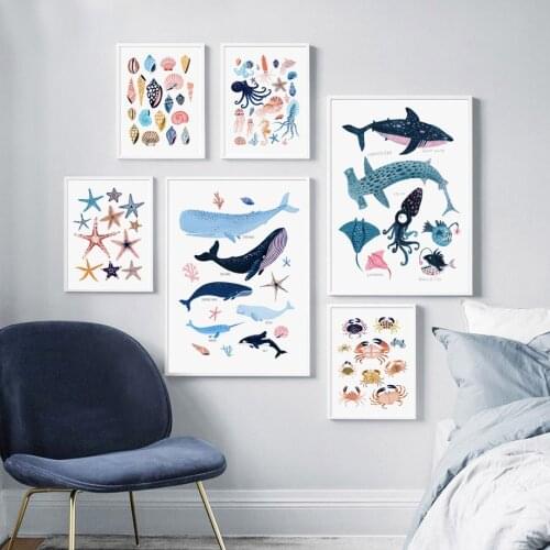 Marine Animals Collection Conch Shark Whale Wall Art Canvas Painting Posters And Prints Kids Living Room Decor Style Decoration