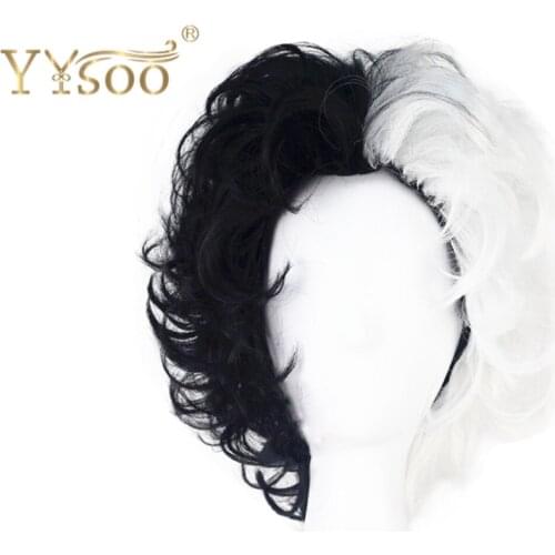 YYsoo Short Curly Cosplay Wigs Full Machine Made Wig Synthetic Hair Half Black Half White Wig for Women Girls Party Use