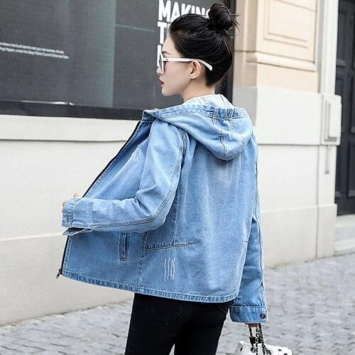 2021 Spring Womens jacket Korea Fashion Hooded Denim Jacket Autumn bomber Outerwear Female Basic Jeans Coats Casaco Feminino