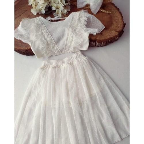 2PCS Toddler Girls Summer Outfits, Short Sleeve Tie Back Lace Tops + Tulle Skirt Set,Spring fall clothing/Elastic waistband