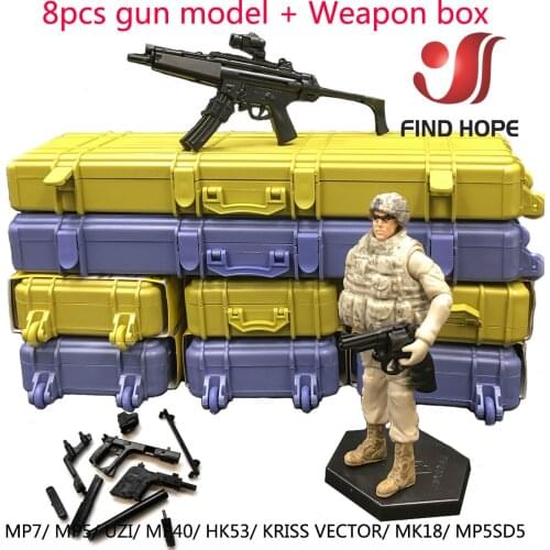 1/6 8Pcs Submachine Gun Model+Weapon BOX HK 53 MP5/7/40 VECTOR UZI MK18 Assembly Gun Model Puzzles Weapon For Action Figure