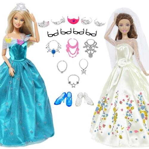 Fashion Princess Doll Dress Blue White Gown Wedding Party Wear + 2 Shoes + 15 Necklace Crown Clothes for Barbie Doll Accessories