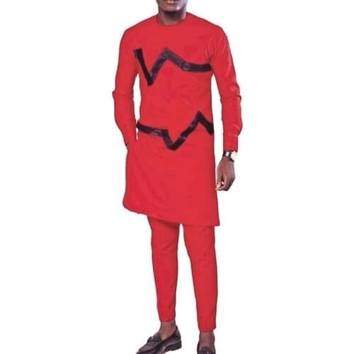 Soft Red And Black Patchwork Mens Suits Senator Style Cotton Pant Sets African Fashion Customize For Wedding Party Male Outfits