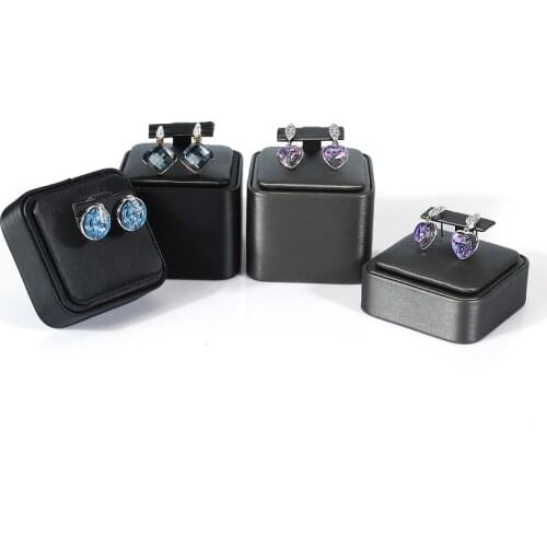 Three-piece set of earring props display stand, diamond earring jewelry stand, pu leather square black jewelry holder custom
